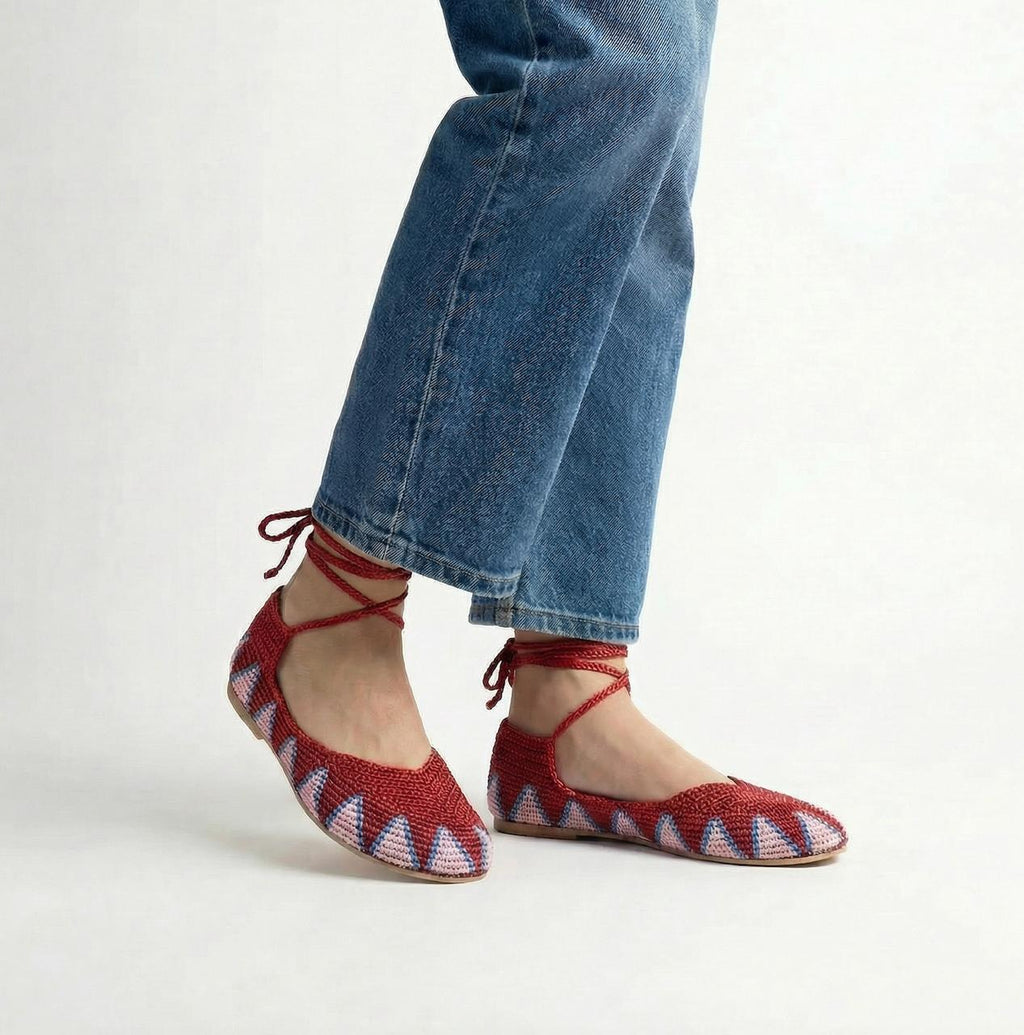 Handmade crochet ballerinas red and pink  - model view with blue jeans - Dubai based brand aliso
