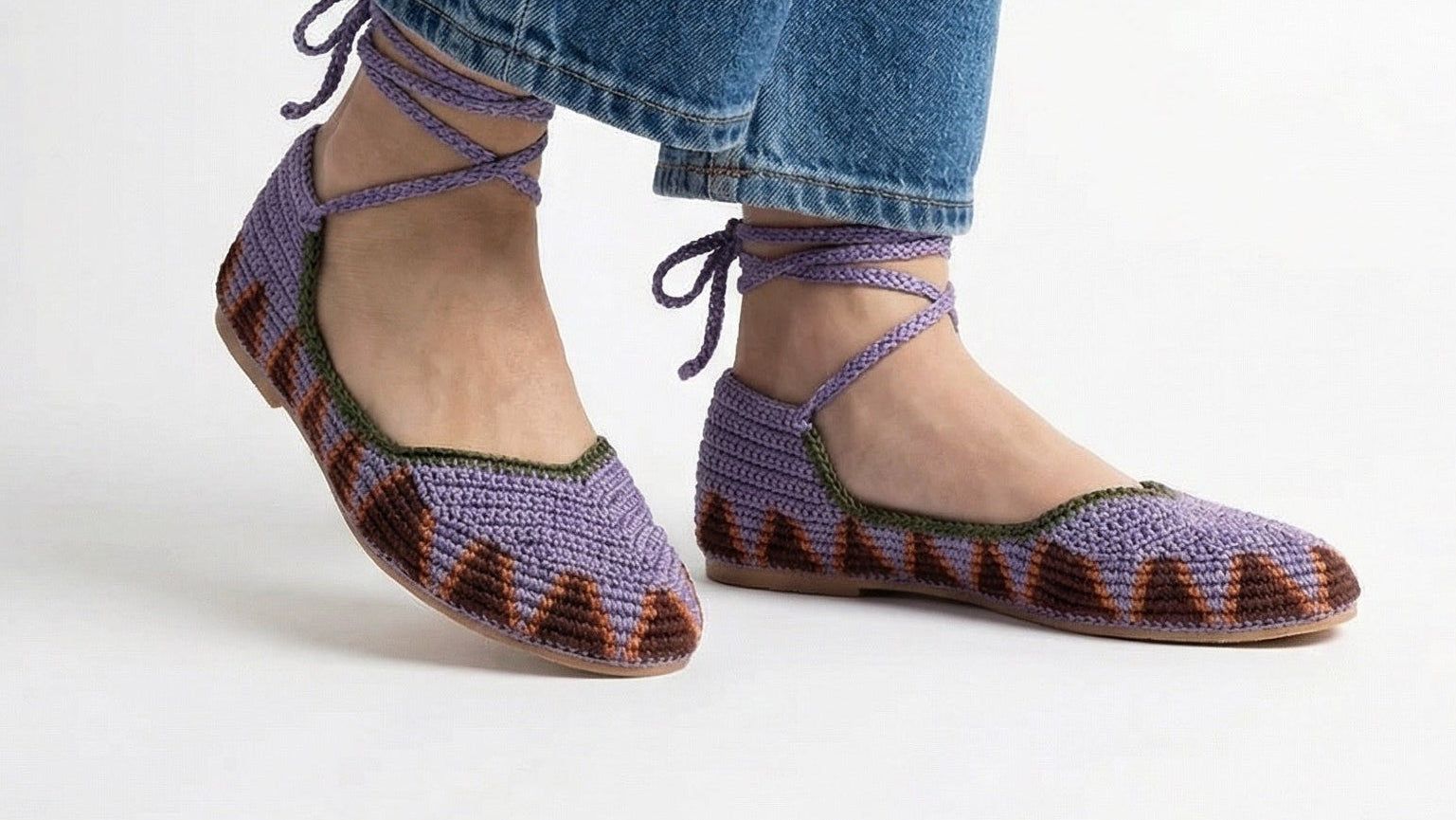 Handmade crochet ballerinas lilac and brown - model view  with blue jeans - Dubai based brand aliso
