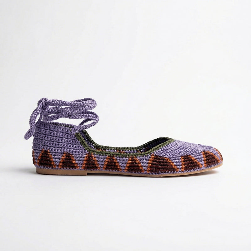 Handmade crochet ballerinas lilac and brown - lateral view - Dubai based brand aliso