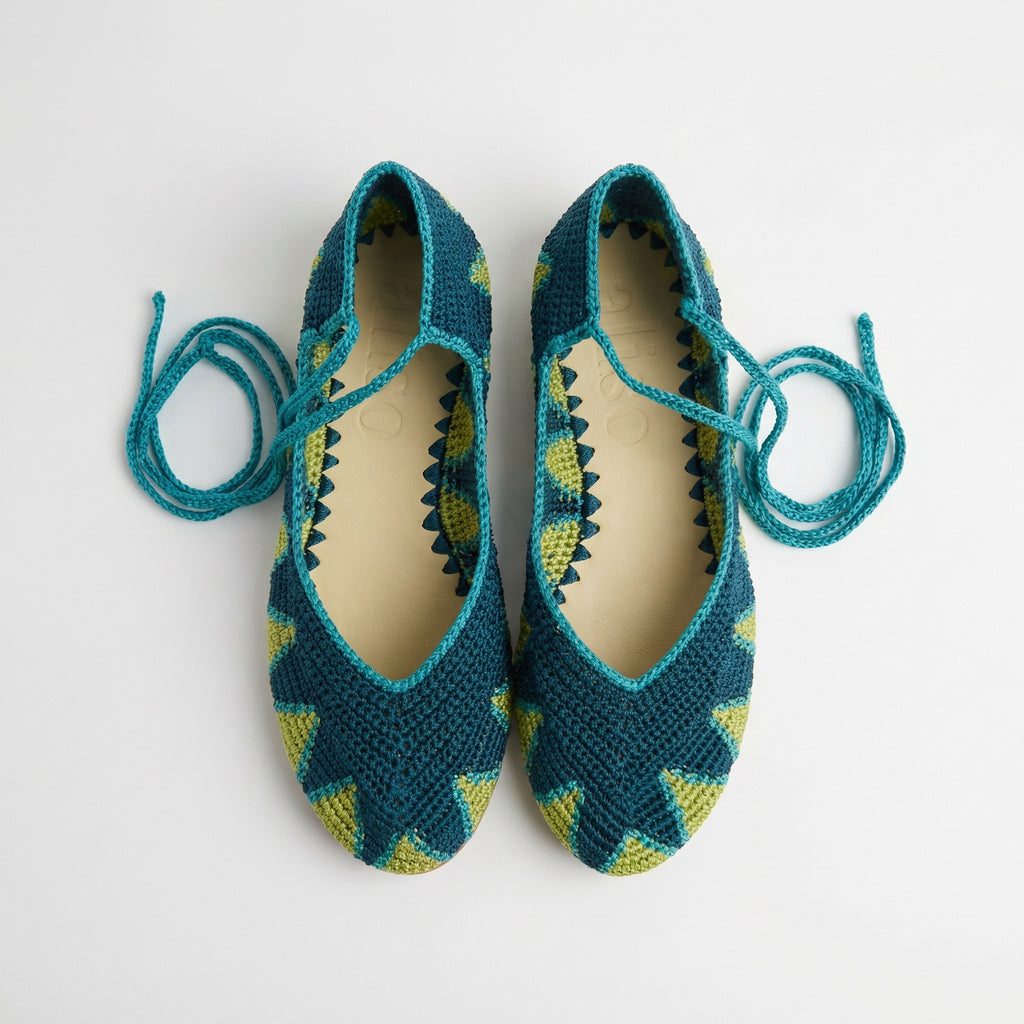 Handmade crochet ballerinas turquoise and green - frontal view - Dubai based brand aliso