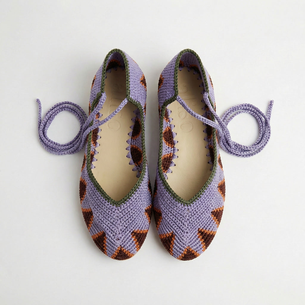 Handmade crochet ballerinas lilac and brown - frontal view - Dubai based brand aliso