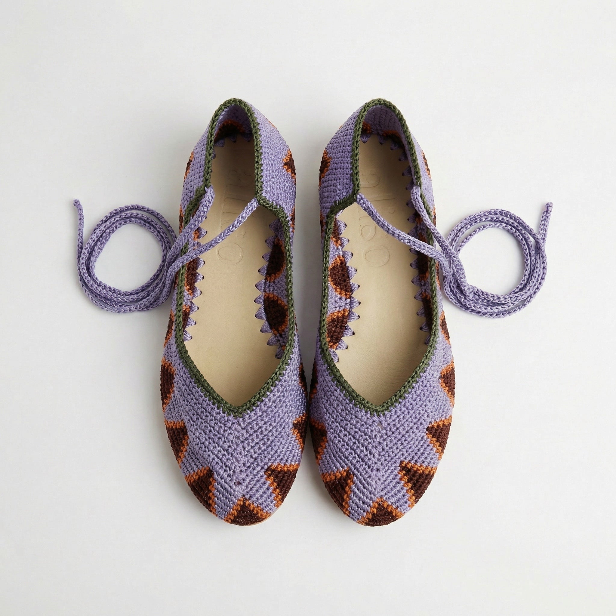 Handmade crochet ballerinas lilac and brown - frontal view - Dubai based brand aliso