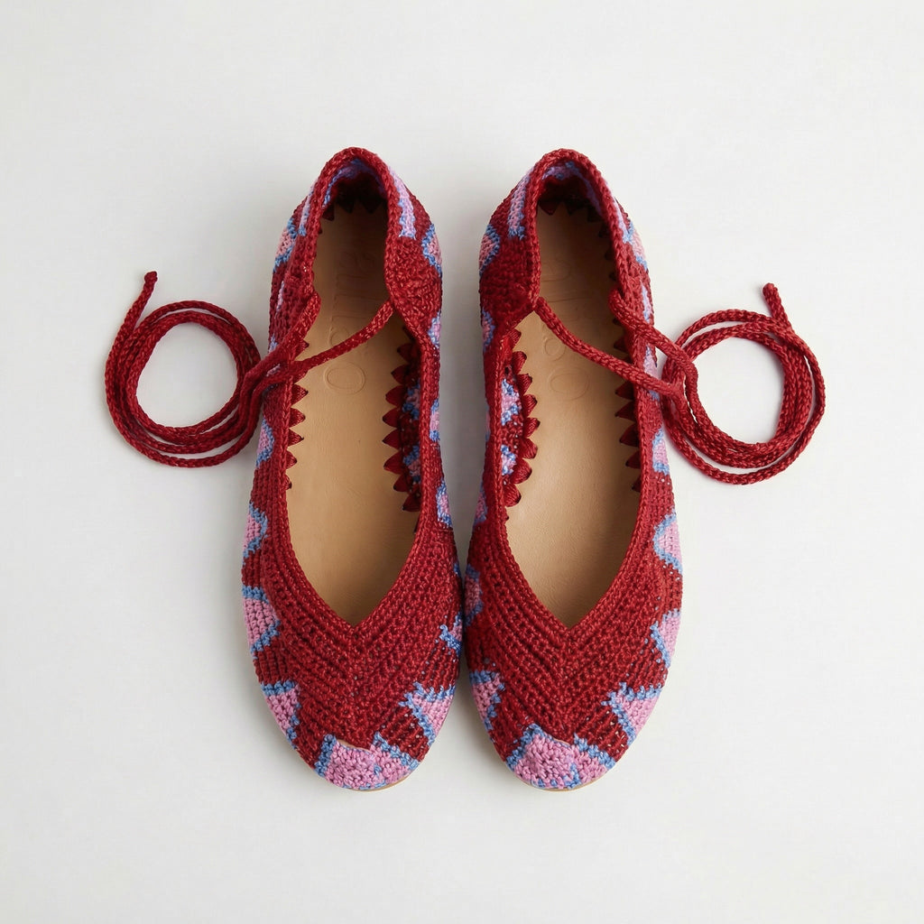 Handmade crochet ballerinas red and pink  - frontal view - Dubai based brand aliso