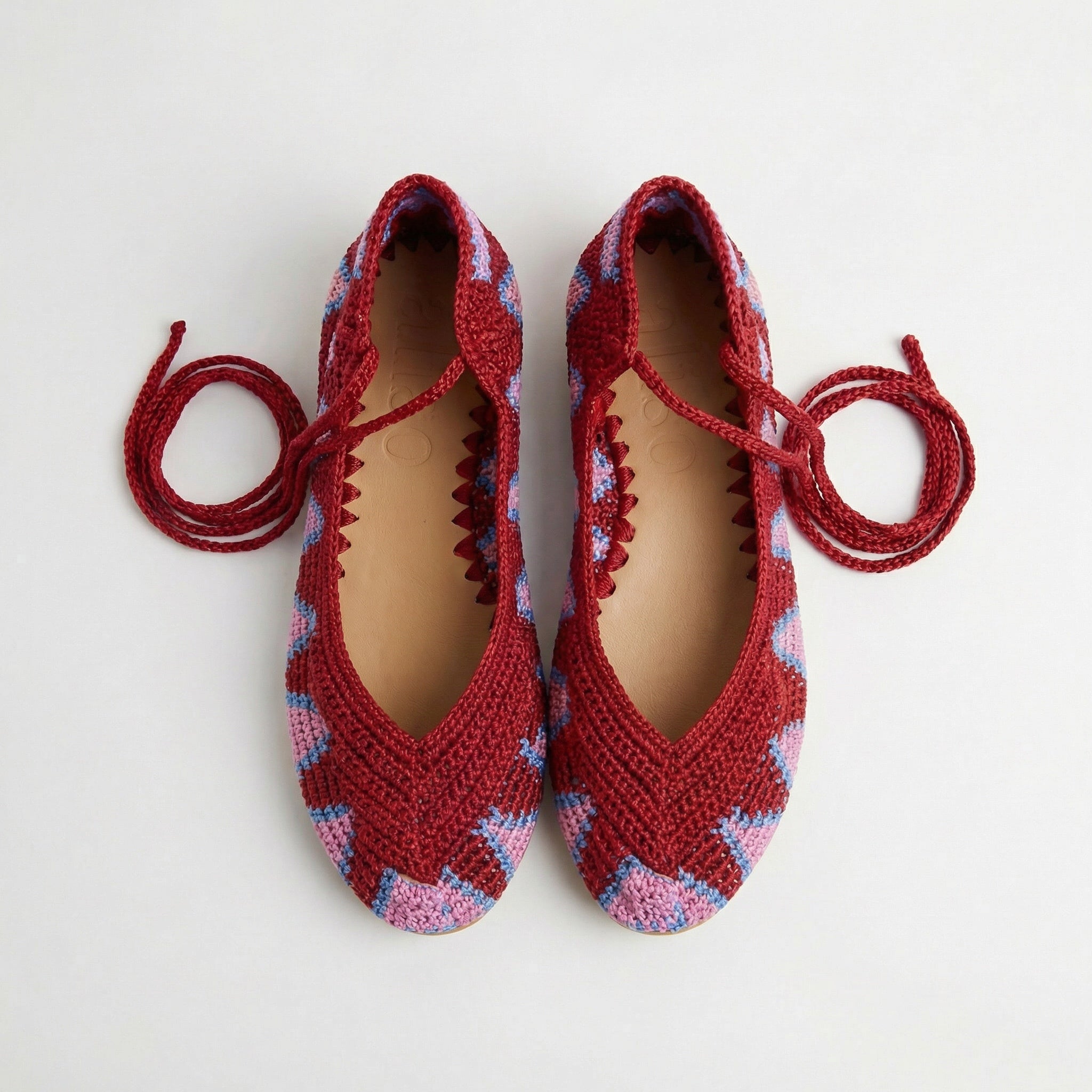 Handmade crochet ballerinas red and pink  - frontal view - Dubai based brand aliso