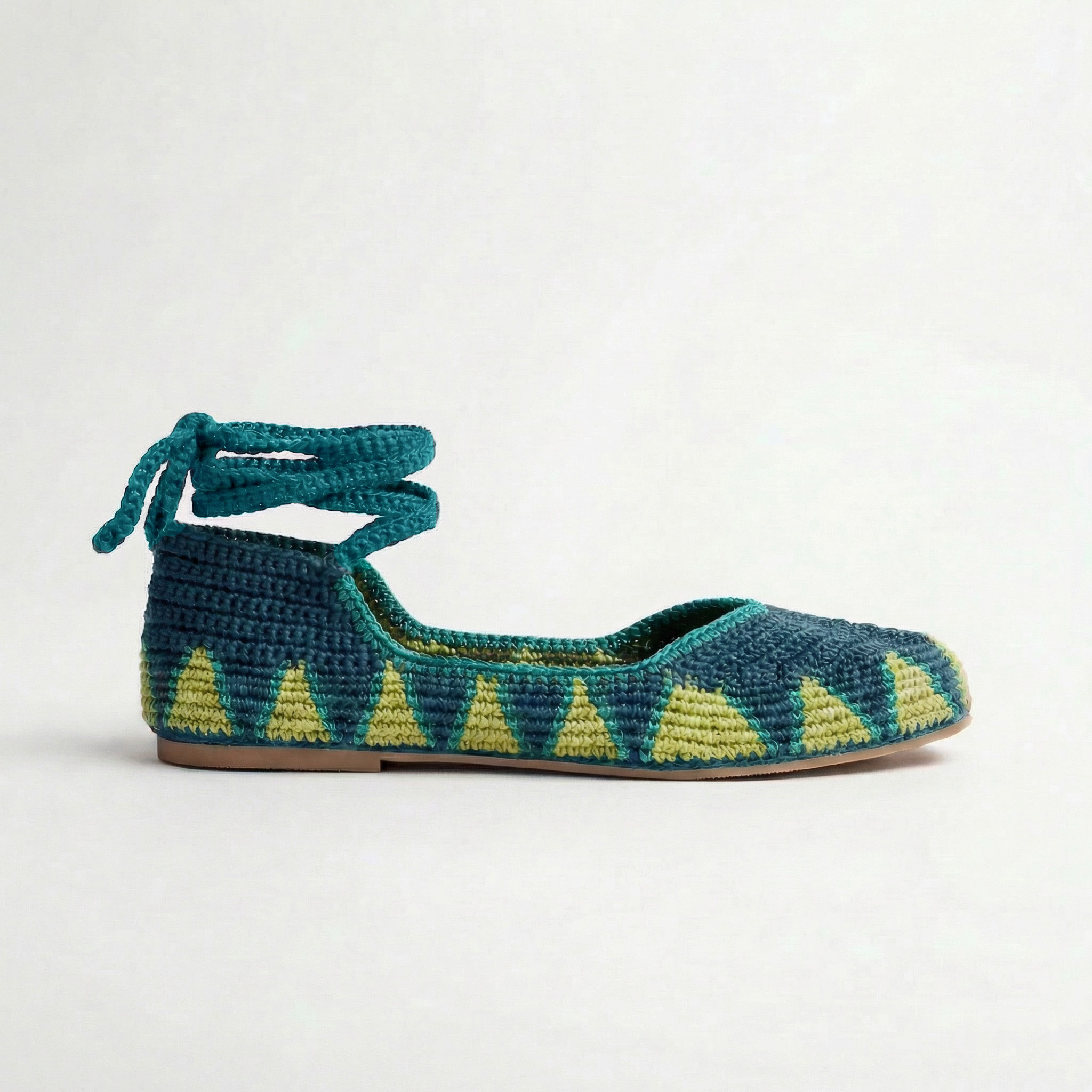 Handcrafted crochet ballerinas turquoise and green -  flat shoes with a pattern - lateral view
